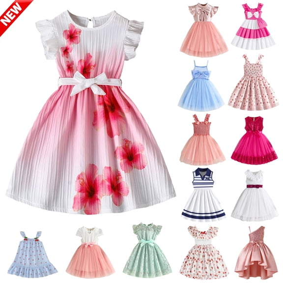 Tqyyweavej Girl Summer Dresses Ruffle Sleeveless Flutter Sleeve Sundress Cute Cherry Print Toddler Girl Princess Dress 3-10T, Blue