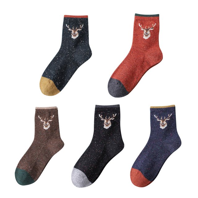 GAXIRE 5 pares de calcetines navideños con estampado de alce, adorables calcetines de tubo medio para mujer (café, verde negruzco, azul, negro, naranja).