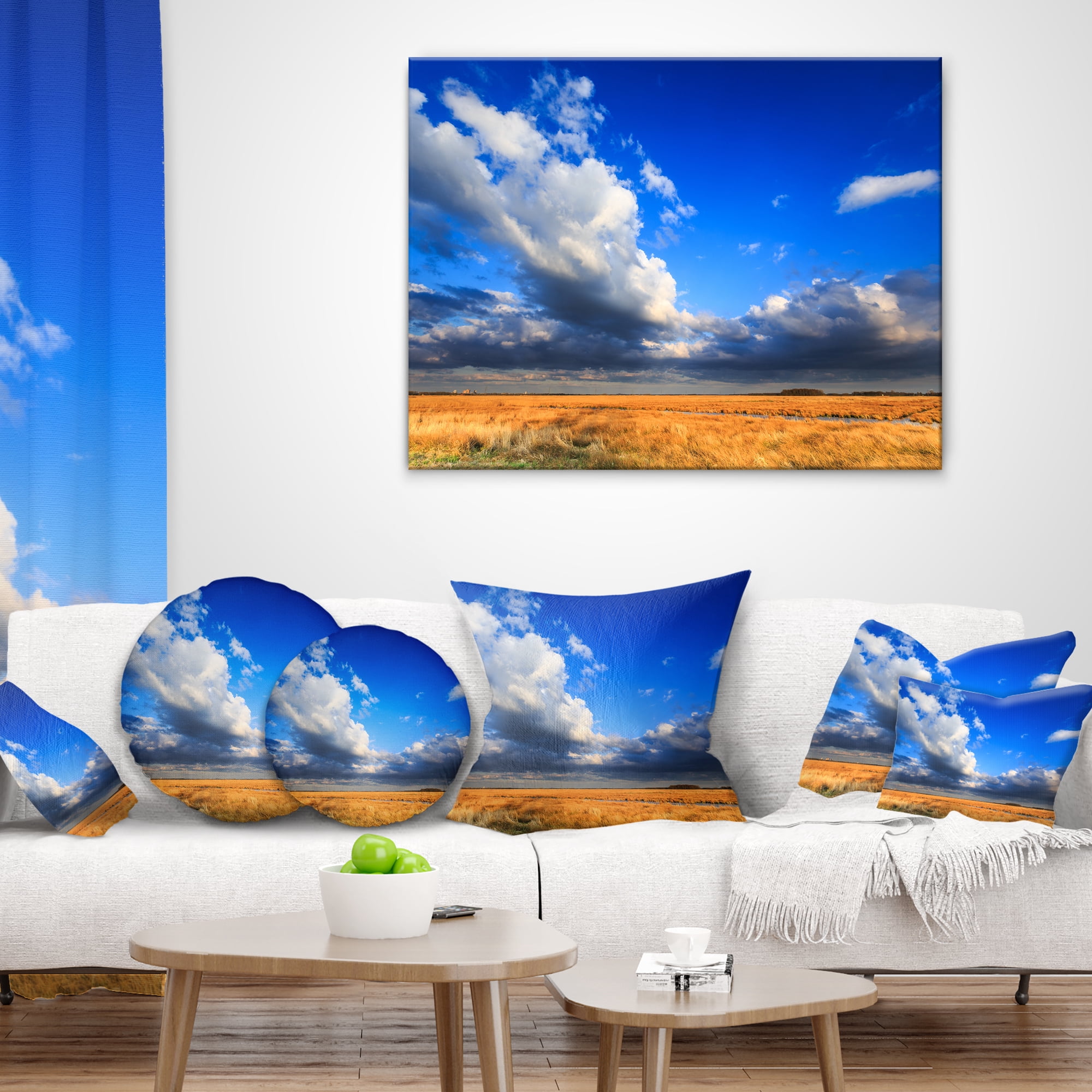 Designart Clouded Blue Sky over Prairie - Landscape Printed Throw Pillow - 12x20