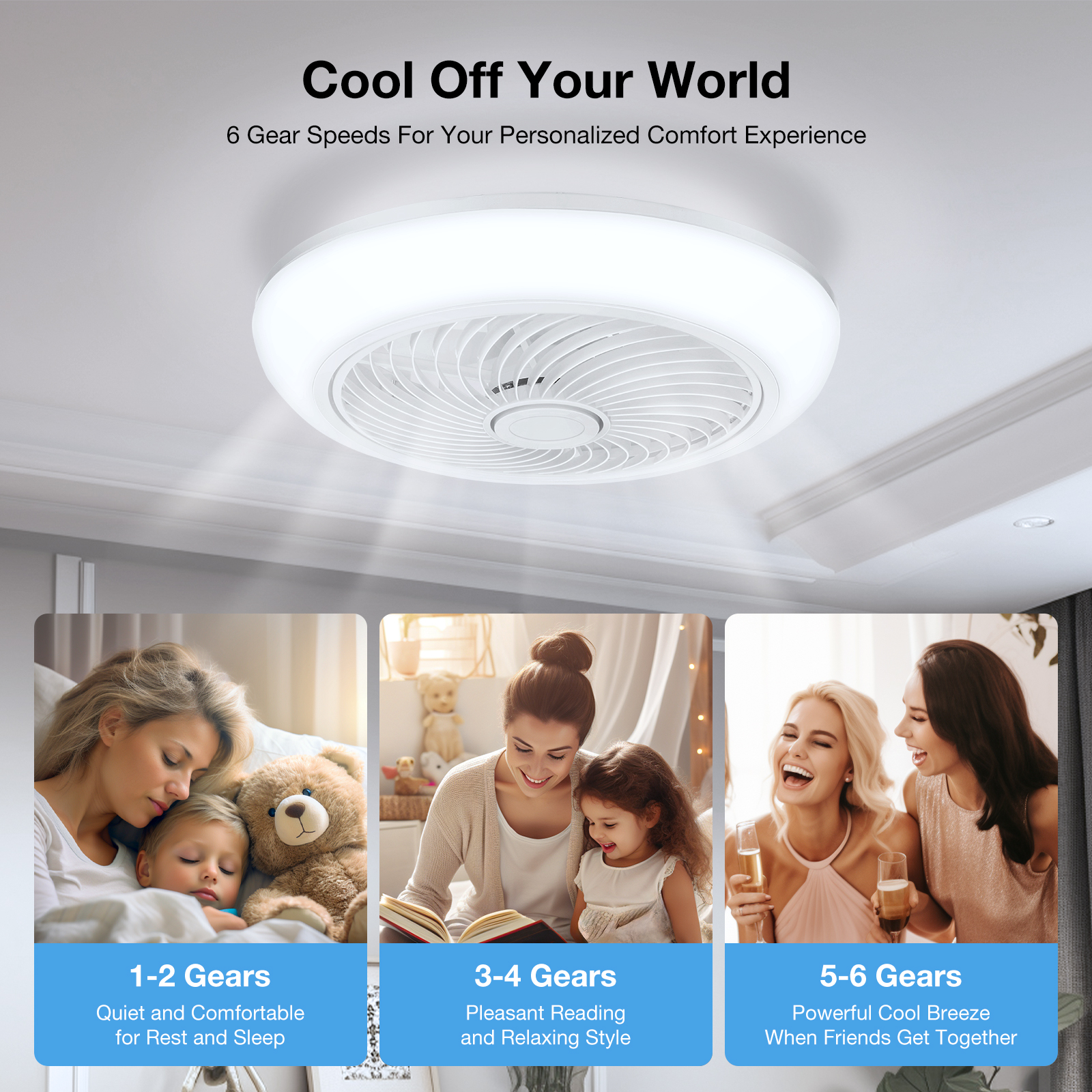 18in Indoor Ceiling Fan with Light, Remote & APP Control, 3 Colors Lighting and 6 Wind Speeds, Invisible Bladeless Ceiling Fan, Timing Setting
