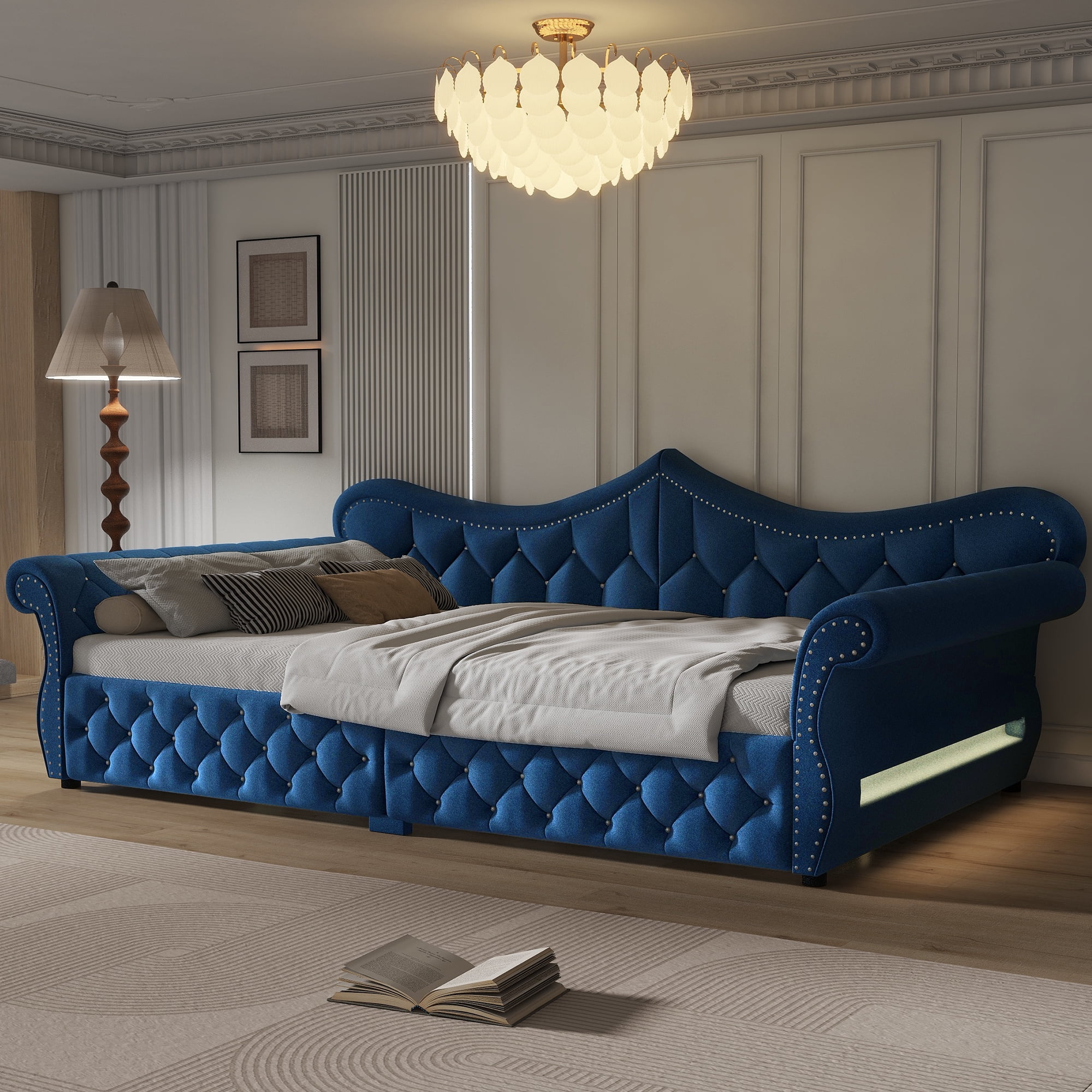 Euroco Upholstery Queen Size Daybed, Sofa Bed with LED Light, Blue
