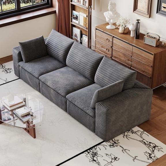 YWEN 102" Modular Sectional Sofa Corduroy Cloud Couch with Deep Seating, 3 Seater Flexible Layout Floor Sofa, High Density Foam Boneless Couch for Living Room & Apartment, Removable Washable Covers