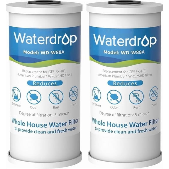Waterdrop FXHTC Whole House Carbon Water Filter, Replacement for GE® FXHTC, GXWH40L, GXWH35F, Culligan RFC-BBSA, American Plumber W10-PR, W10-BC, WRC25HD, 5 Micron, 10" x 4.5" Cartridge, (2)