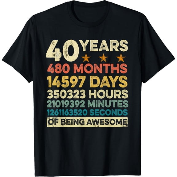 Vintage 40th Birthday Gift 40 Years Old 480 Months T-ShirtMen and women, Black T-shirt, size: Extra large