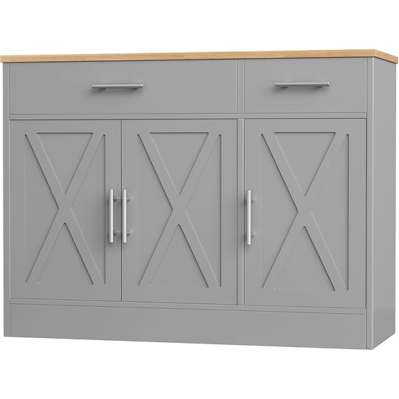 Modern Farmhouse Sideboard Buffet Cabinet with Storage with 3 Doors, 42"Barn Doors Buffet Cabinet with Storage, Wood Coffee Bar Cabinet with Adjustable Shelf for Kitchen, Living Room, Grey