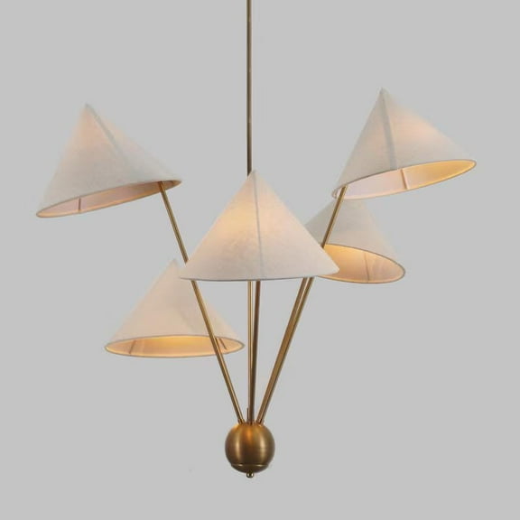 Italian Linen Shade Mantis Chandelier - Brass Sputnik 5-Light Mid Century Modern Conical Ceiling Light Fixture, Art Deco Wabi Sabi Design
