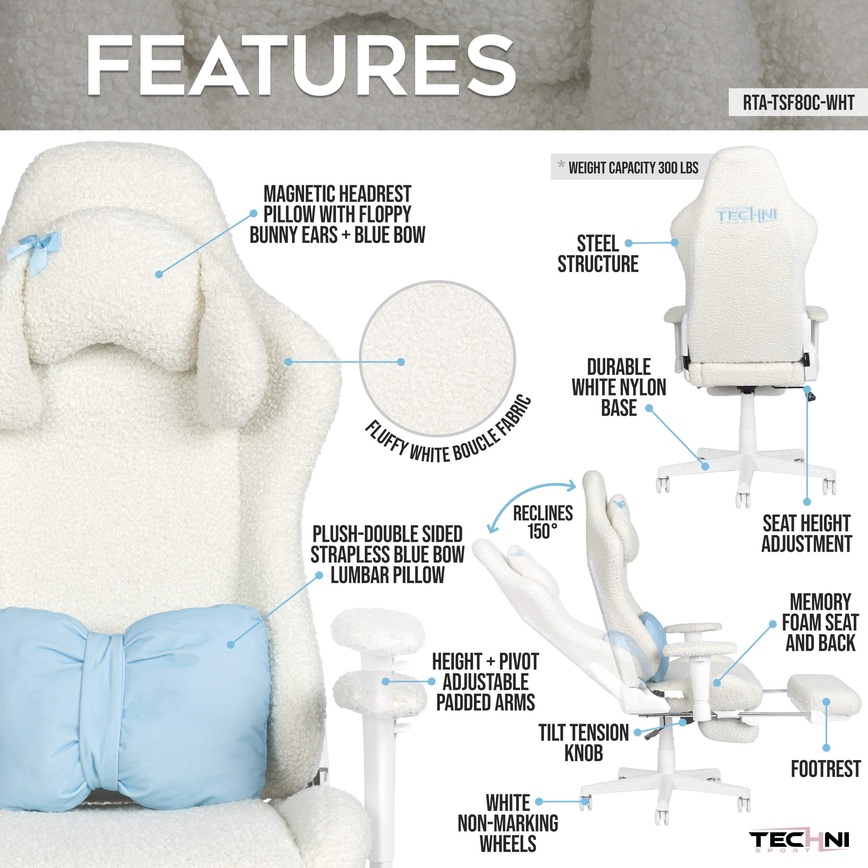 Techni Sport White Bunny Gaming Chair – Bouclé Fabric, Lumbar Pillow, Footrest, Headrest Pillow, Adjustable