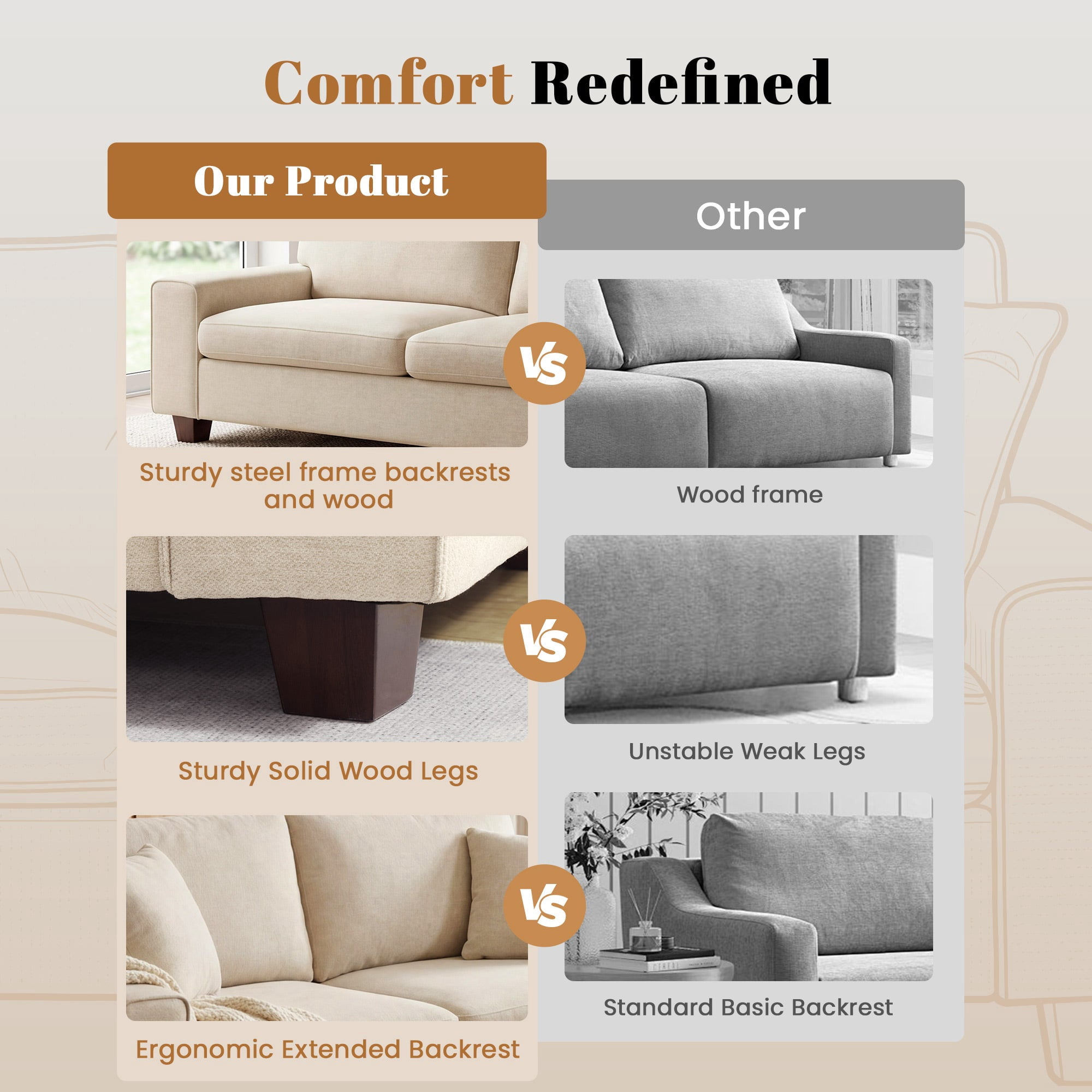 Poshby 88.58''W 3 Seater Sofa Couch with Chenille, Modern Square Arm for Living Room, Beige