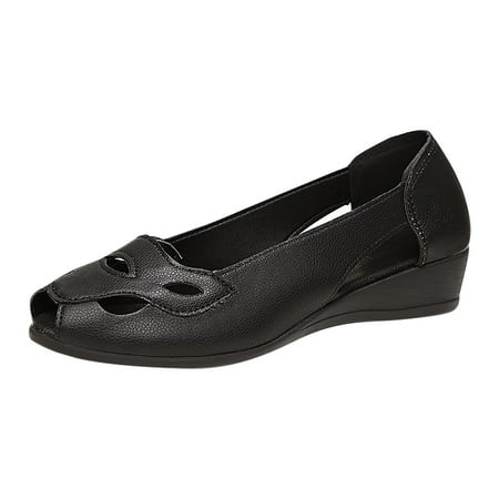 

Women s Fashion Solid Leather Surface Hollow Fish Mouth Wedge Casual Shoes