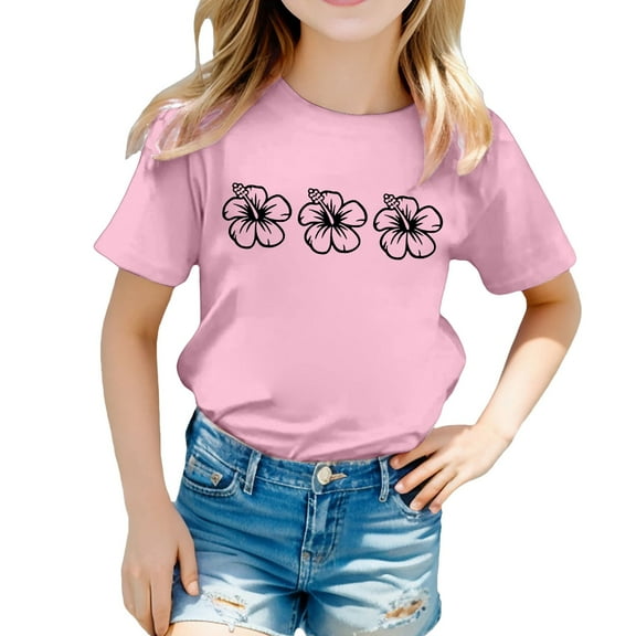 Suilloe Toddler Girls Tee Tops Flower Printing Crewneck Short Sleeve Top Casual Wear Trendy Loose Kids Girls Summer Tee Tops,8 -9 Years