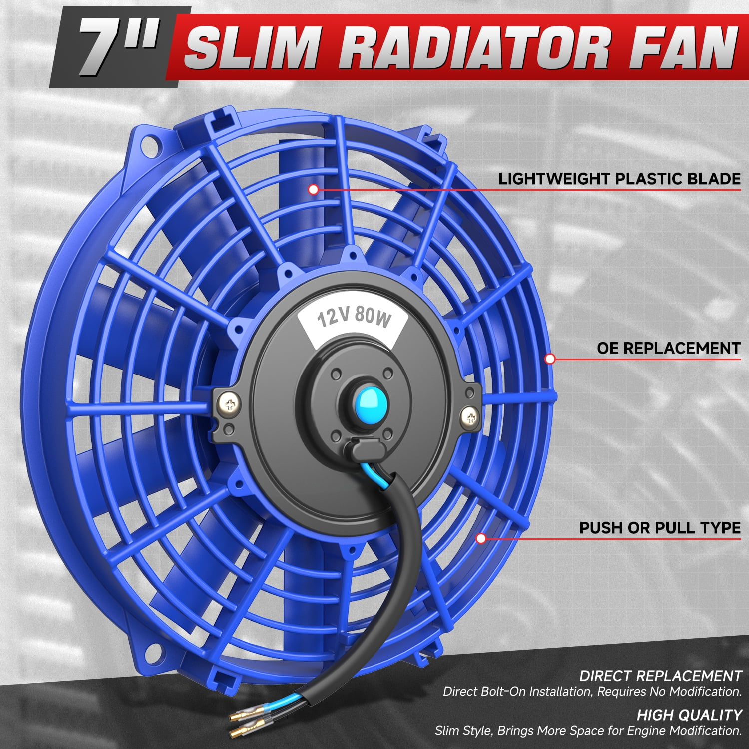 DNA Motoring 7" 12v Volt Electric Slim Push Pull Engine Cooling Radiator Fan w/ Mounting Kit Blue