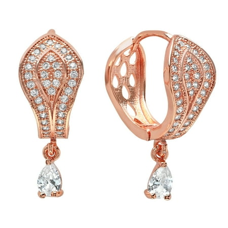 - Ben&JonahLadies 18k rose gold plated brass simulated diamond hoop earrings with pear cut simulated diamond drop accent