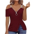 thumbnail image 2 of Royisotas Womens T Shirts Trendy Tunic Blouses Zipper Loose V Neck Fashion Short Sleeve T Shirts for Women off Shoulder, 2 of 6