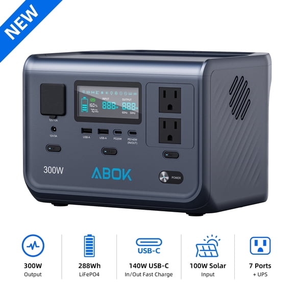 ABOK Ark300 Upgraded 2026 Ultra-Light 8.4lbs Portable Power Station | 288Wh Long-Life LiFePO4 Battery, 1.5Hr Fast Recharge, 300W Solar Generator for Camping, RV, CPAP & Outages