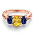thumbnail image 3 of Gem Stone King 18K Rose Gold Plated Silver Yellow Citrine and Blue Created Sapphire Filigree Style 3 Stone Ring for Women (2.50 Cttw, Oval 8X6MM and 6X4MM) (Size 5), 3 of 6