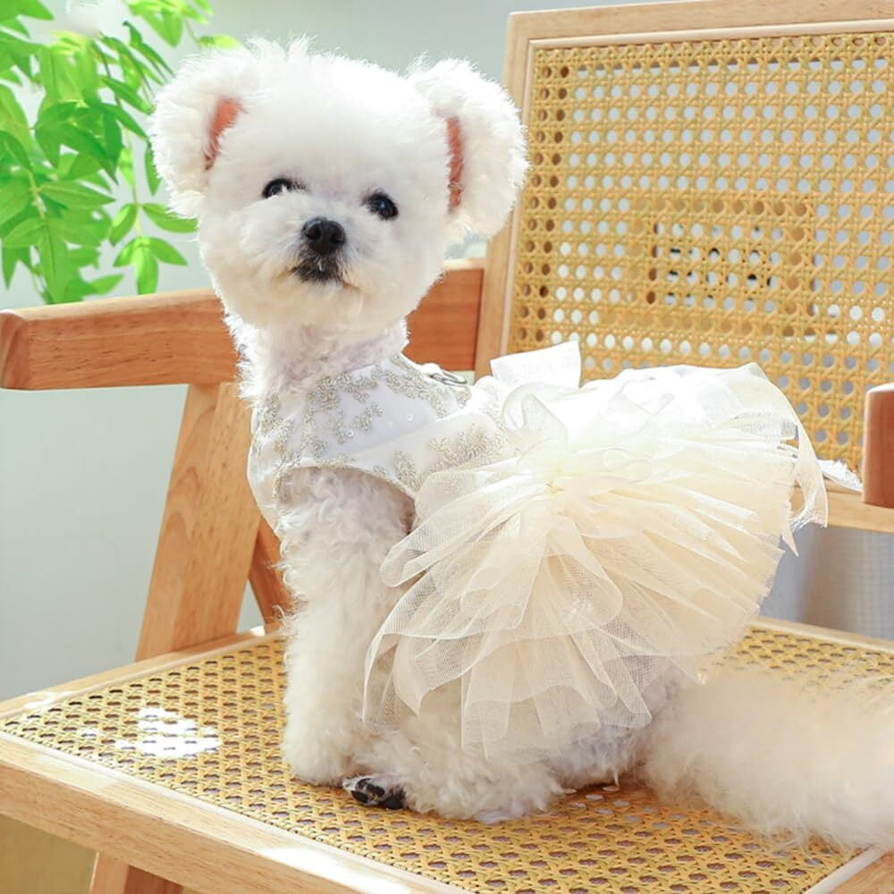 ANIAC Gray Dog Dress for Small Dogs Female,Bow Knot Girl Puppy Clothes with Detachable Pearl Necklace, Elegant Cat Dress, Formal Pet Pary Outfit for Wedding Birthday Valentines (Gray, Large)