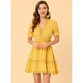 thumbnail image 3 of Mini vestido Allegra K Amarillo XS manga corta cuello V cintura elástica, 3 of 6