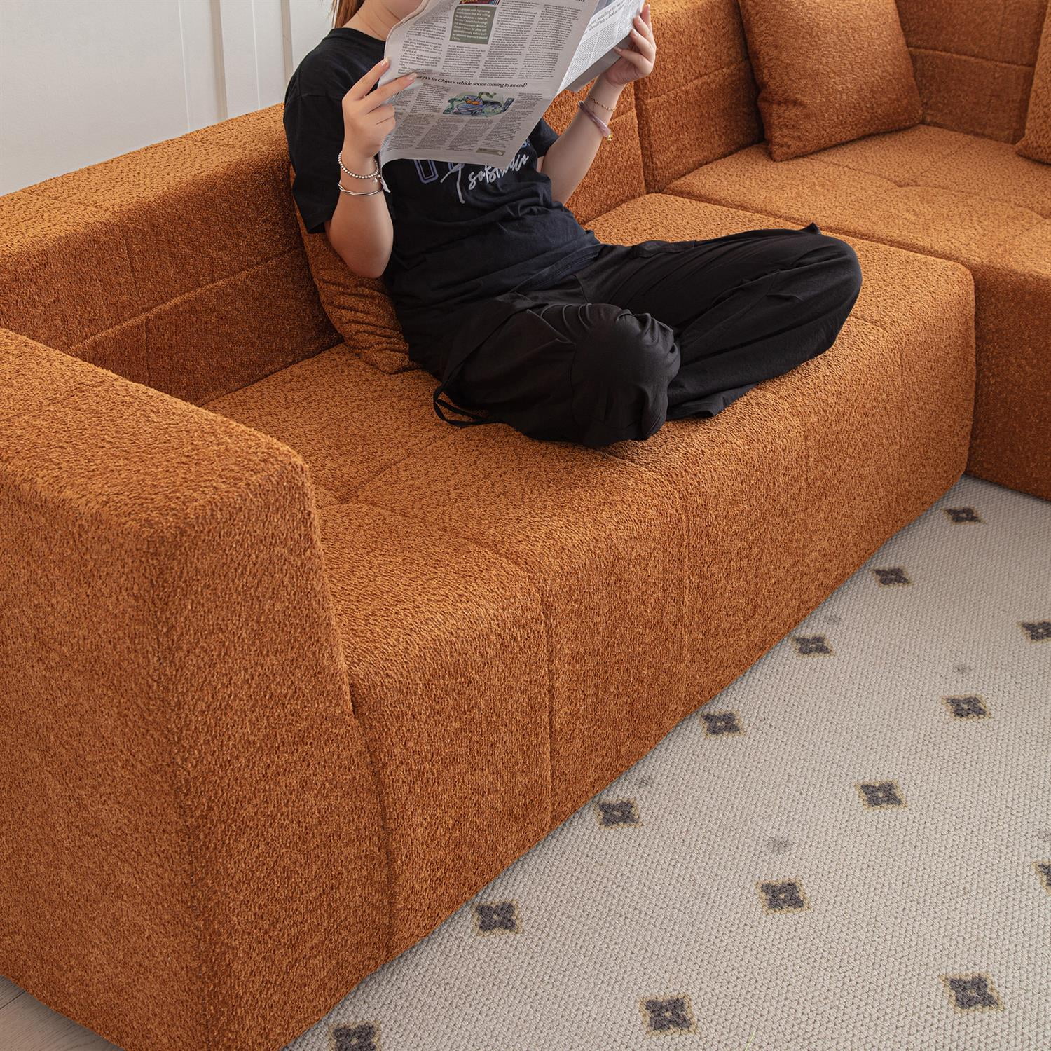 Demi Bonn 105" L-Shaped Modular Sectional Sofa Set with Chaise, Deep Seat Tufted Floor Couch for Living Room Decor, Orange