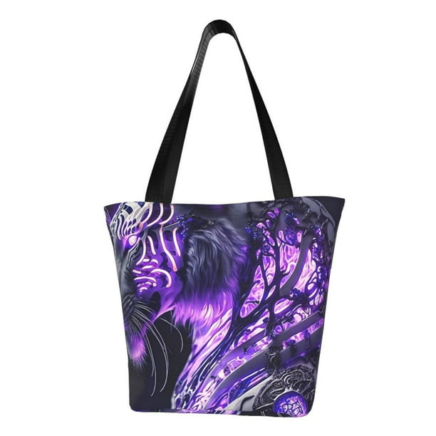 Disketp Purple Pattern White Tiger Bolsa de Hombro Casual para Mujer, Bolso Cruzado para Compras, Viajes y Uso Diario