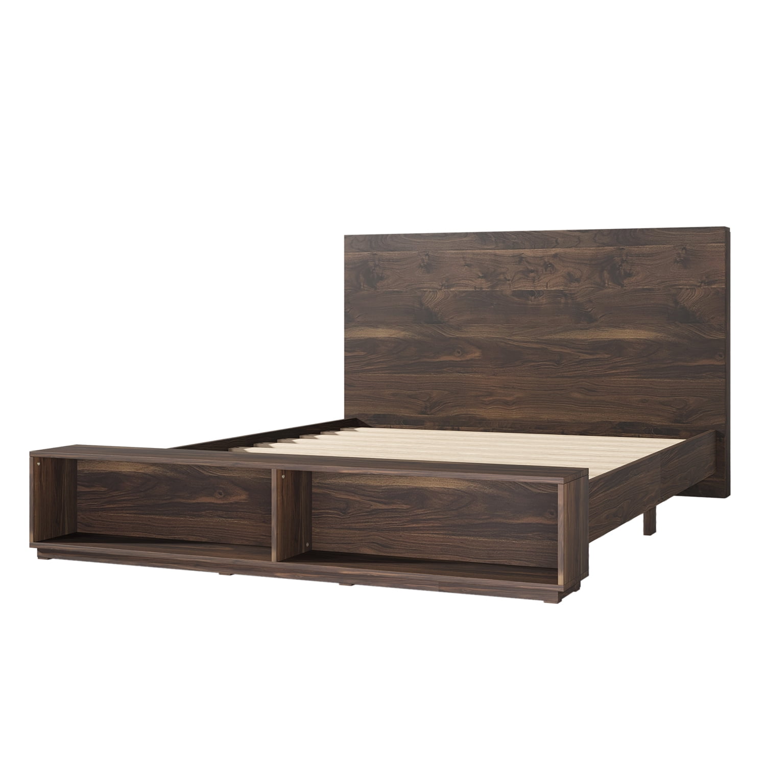 Kadyn King Size Wood Platform Bed, Wood Storage Queen Bed with Storage Bench in Walnut, Modern MDF Farmhouse bedstead for bedroom, Walnut Kadyn King Size Wood Platform Bed, Wood Storage Queen Bed with Storage Bench in Walnut, Modern MDF Farmhouse bedstead for bedroom, Walnut