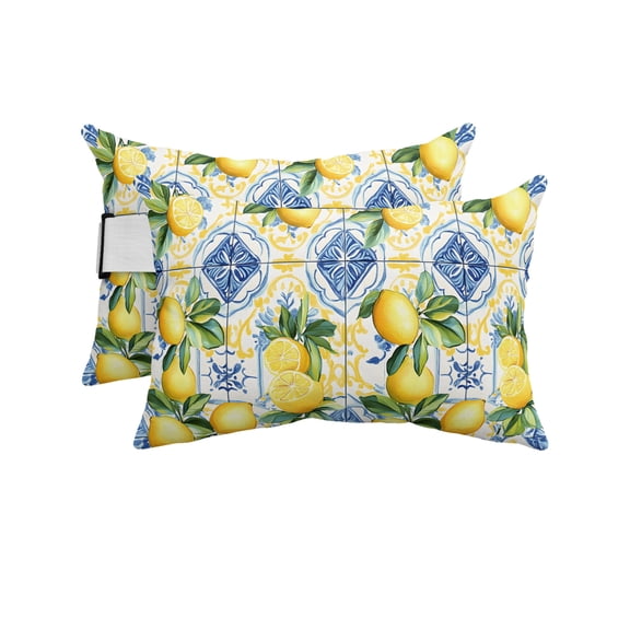 Pack of 2 Outdoor Lumbar Pillow Covers 11x16 Inch, Botanical Lemon Waterproof Throw Pillow Covers Set, Spring Countryside Floral Blue Tile Indoor&Outdoor Decorative Cushion Cases for Patio Porch Car