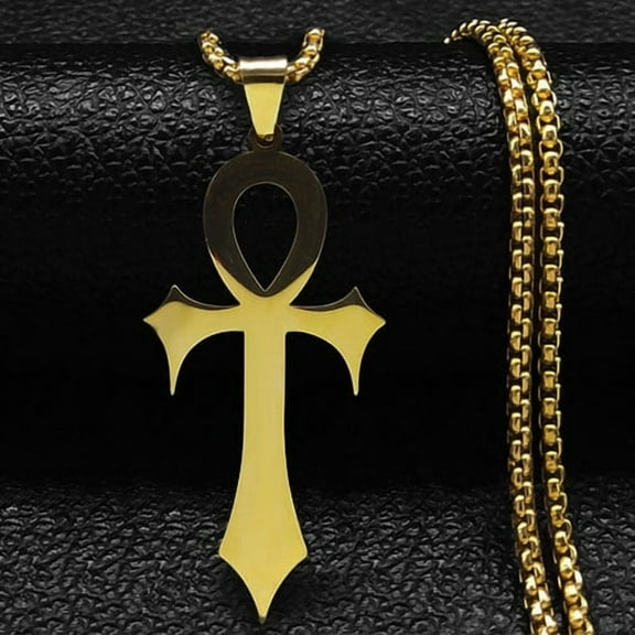 Goth Egyptian Cross Ankh Key of Life Necklace 14K Yellow Gold Amulet Religious Necklaces Gothic Jewelry Gift