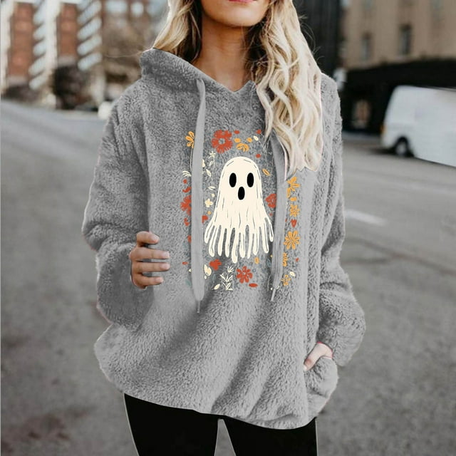 HongQid Fuzzy Hoodies for Women Pullover Graphic Hoodie Cozy Winter Pockets Hooded Sweatshirt Athletic Fleece Hoodies