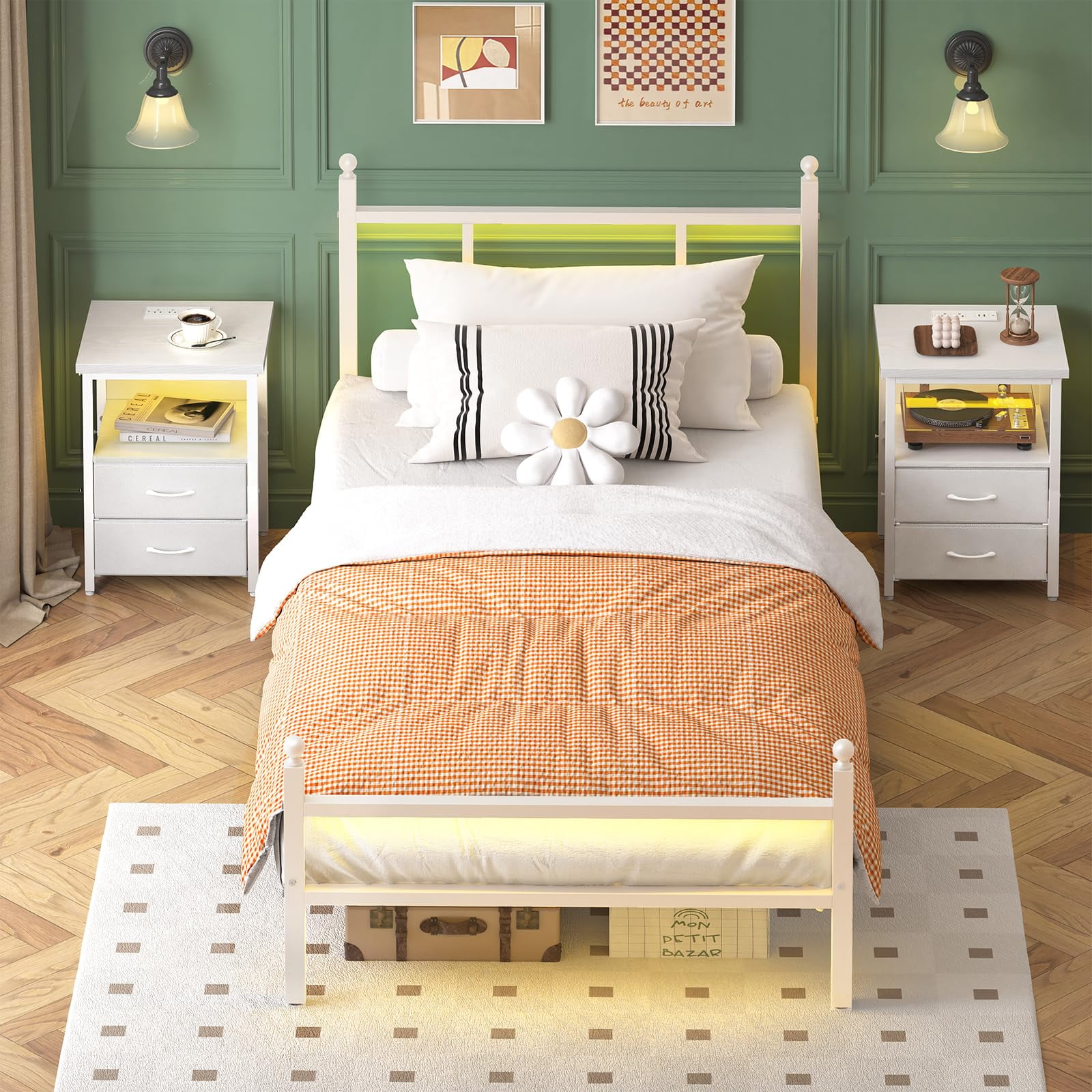 Fairy Twin Bed Frame with Charging Station, Metal Platform Bed with LED Lights, White