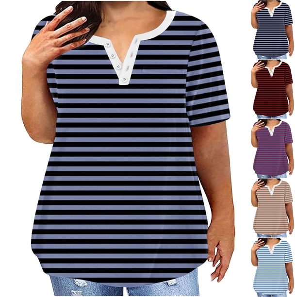Fiudx Camisas de Mujer Blusas Informales de Gran Tamaño para Mujer, Camiseta con Botones Estampados a Rayas, Top de Manga Corta con Cuello En V y Bolsillo Falso