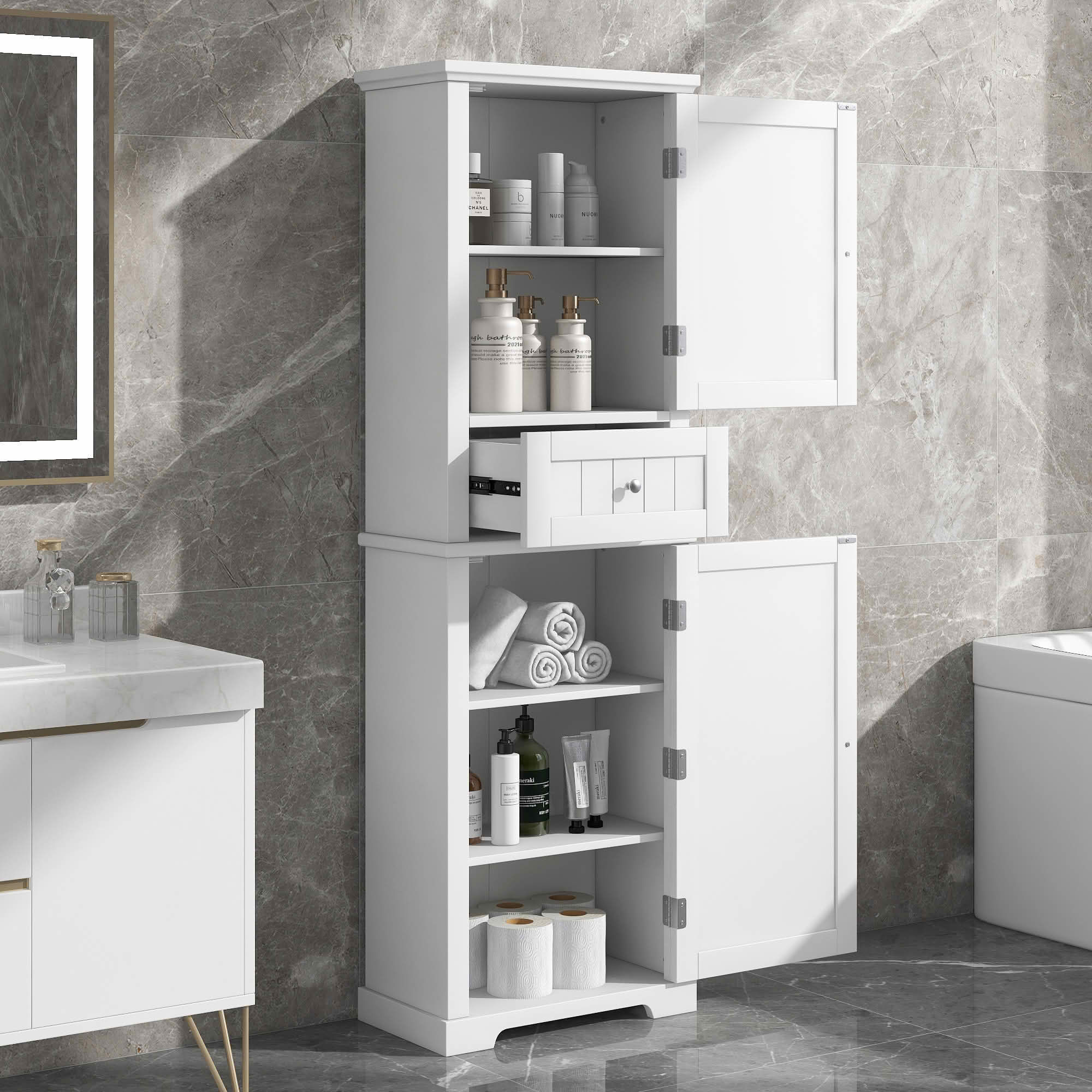 MAYEERTY Tall Bathroom Cabinet Freestanding Storage Drawer Adjustable Shelf MDF Painted White