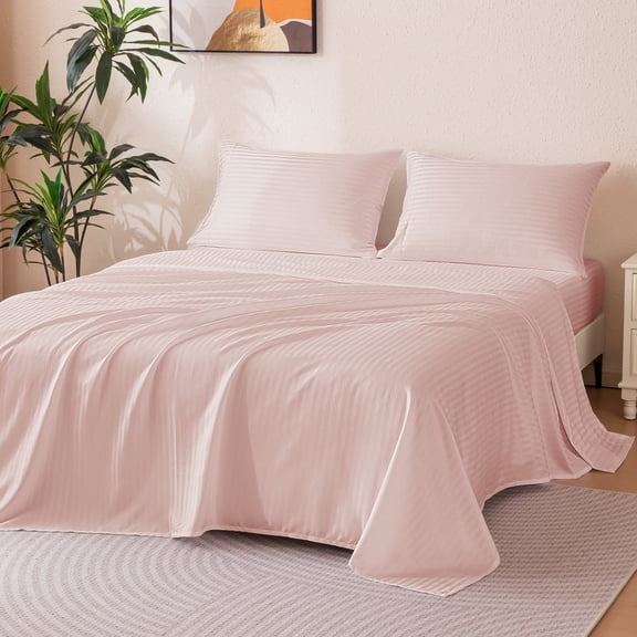 Sonive Striped Satin Jacquard Sheet Set Twin, 3 Pieces Luxury Silky Soft Bedding Set, Rose Pink
