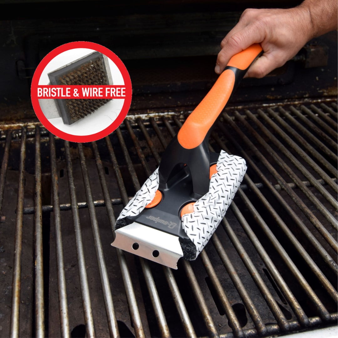 Q-Swiper XL Easy-Clean BBQ Grill Cleaner Set - 1 Long Grill Brush with Scraper and 40 BBQ Grill Cleaning Wipes | Bristle & Wire Free | Safe Way to Remove Grease & Grime for A Clean and Healthy Grill!