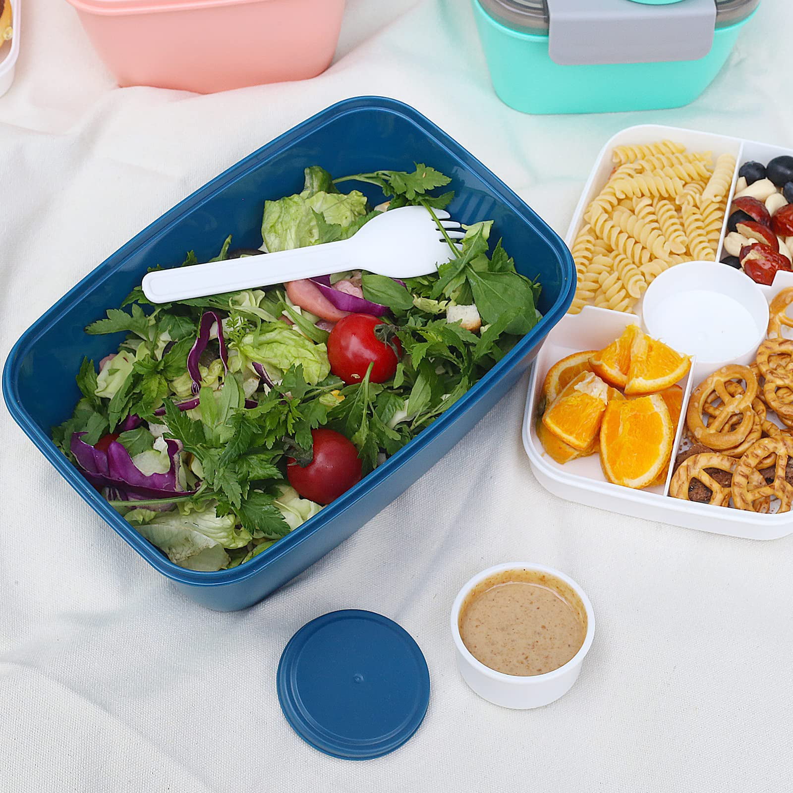 shopwithgreen 52 OZ to Go Salad Container Lunch Container,  BPA-Free, 3-Compartment for Salad Toppings and Snacks, Salad Bowl with Dressing  Container, Built-in Reusable spoon, Microwave Safe: Salad Plates