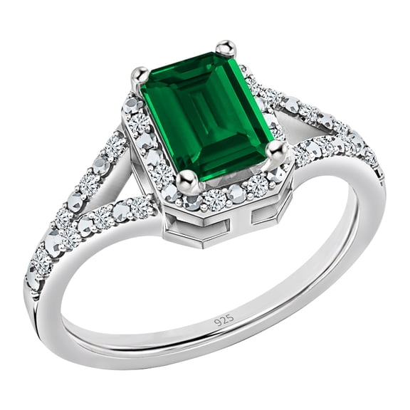 Dazzlingrock Collection 7x5mm Lab Created Emerald & Round White Diamond Halo Split Shank Engagement Ring for Women in 925 Sterling Silver Size 9.5