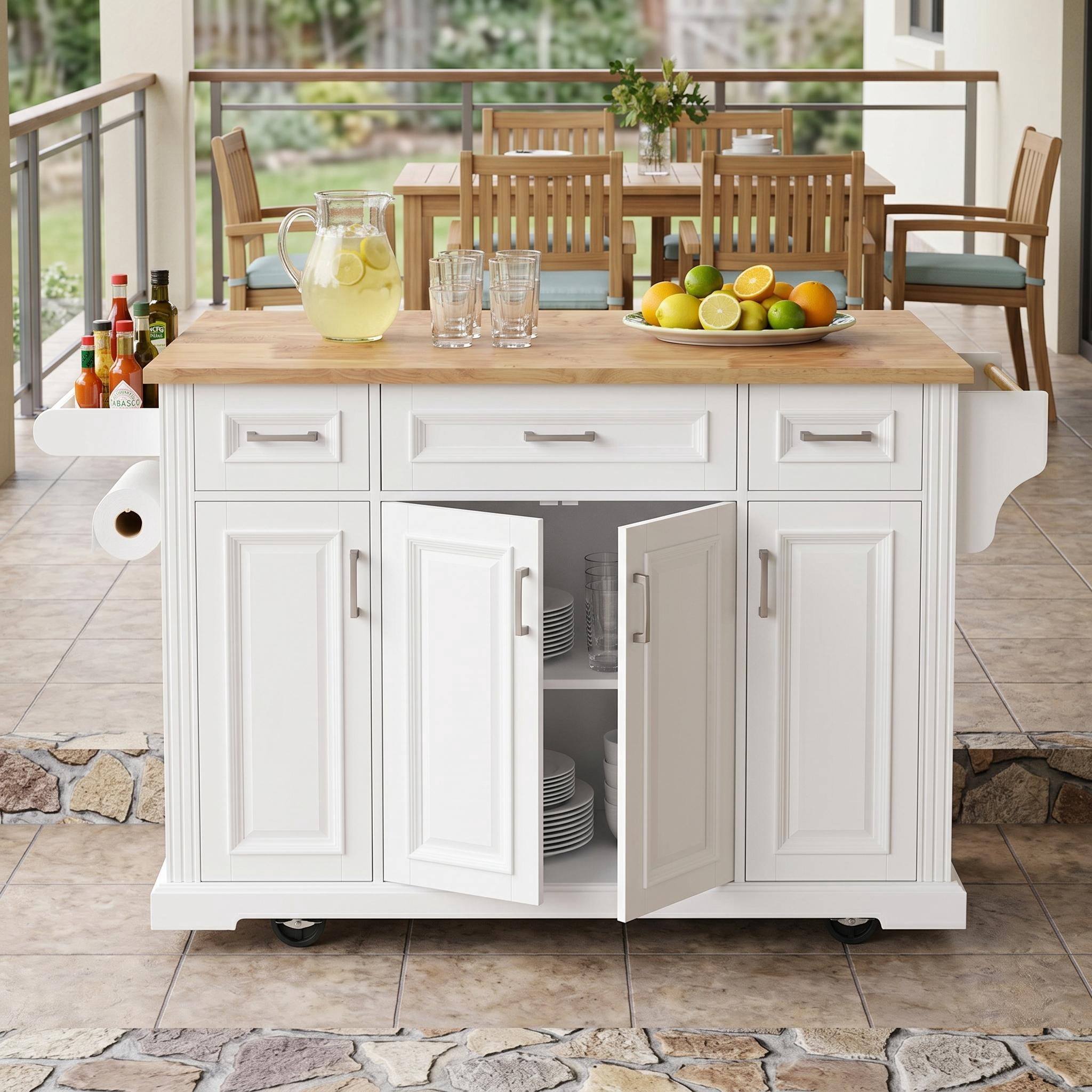 Homy Casa Farmhouse Kitchen Island Cart with Storage, 3 Drawers, 4 Doors & Wheels, White/Natural for Kitchen and Dining Room