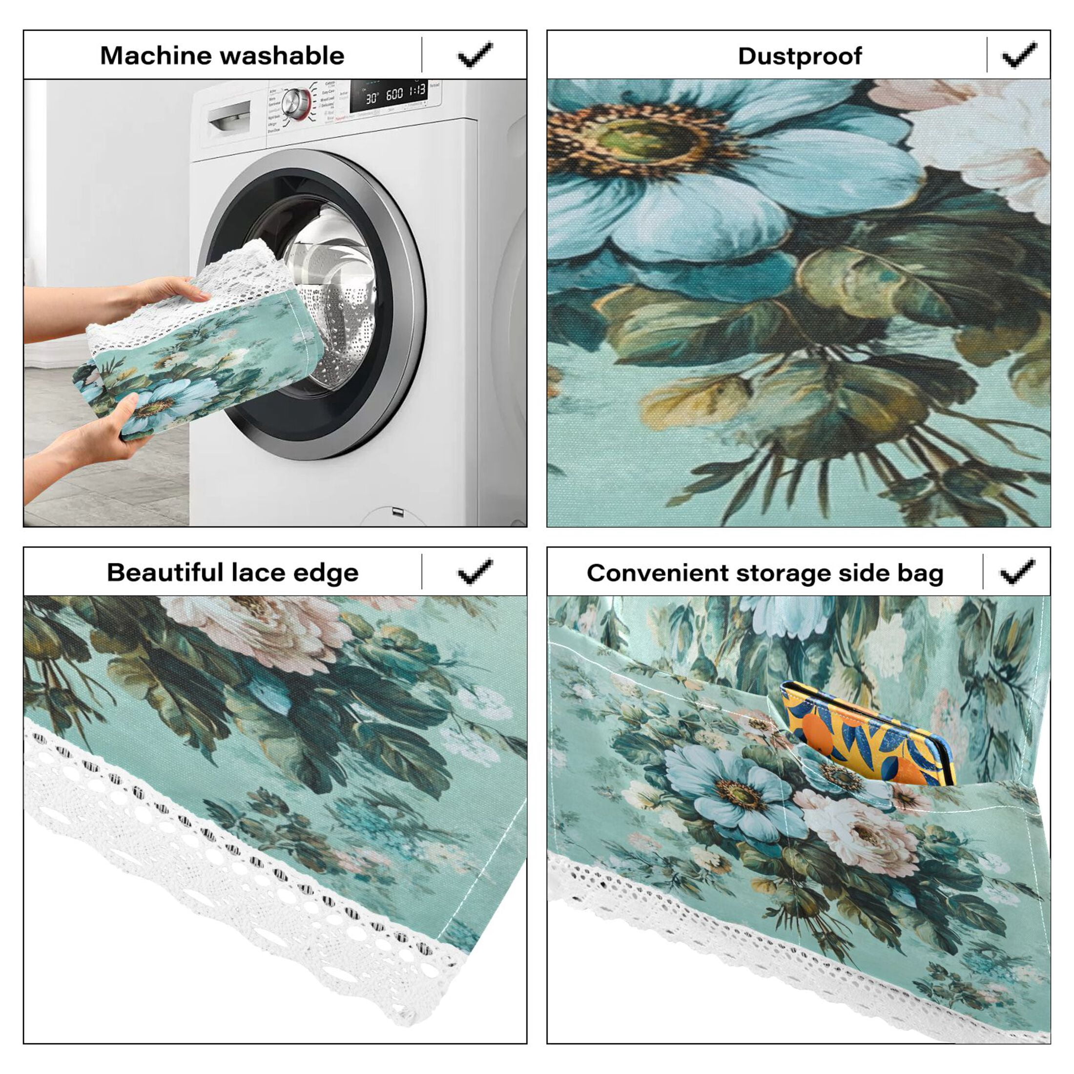 Washing Machine Cover 51.2x22in, Durable Polyester Dust Cover with Lace Trim and Side Pocket for Appliances Shabby Chic Bouquet