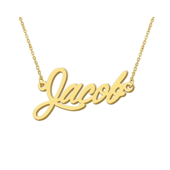 HUAN XUN 18k Gold Plated Jacob Name Necklace Stainless Steel Nameplate Necklaces for Womens Mens Mother Day Christmas Jewelry Gift
