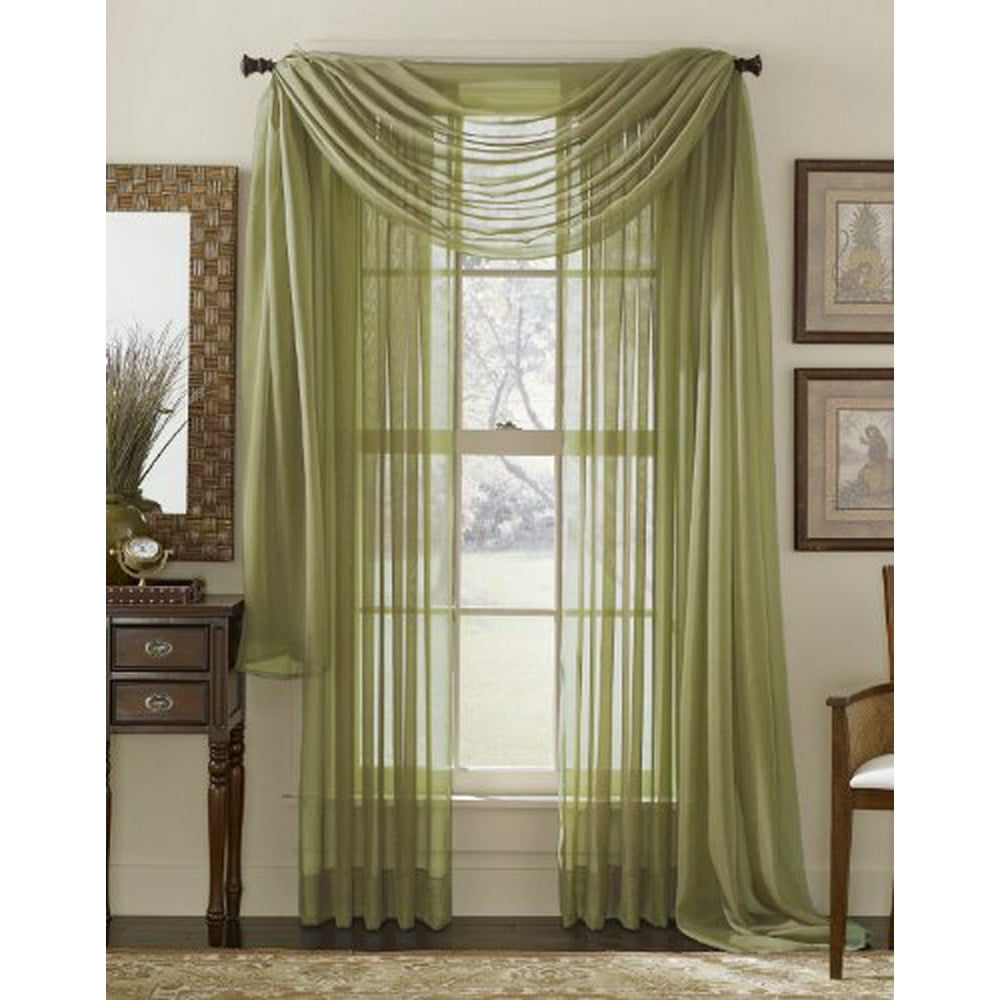 3 Piece Sage Sheer Voile Curtain Panel Set 2 Sage Panels and 1 Scarf