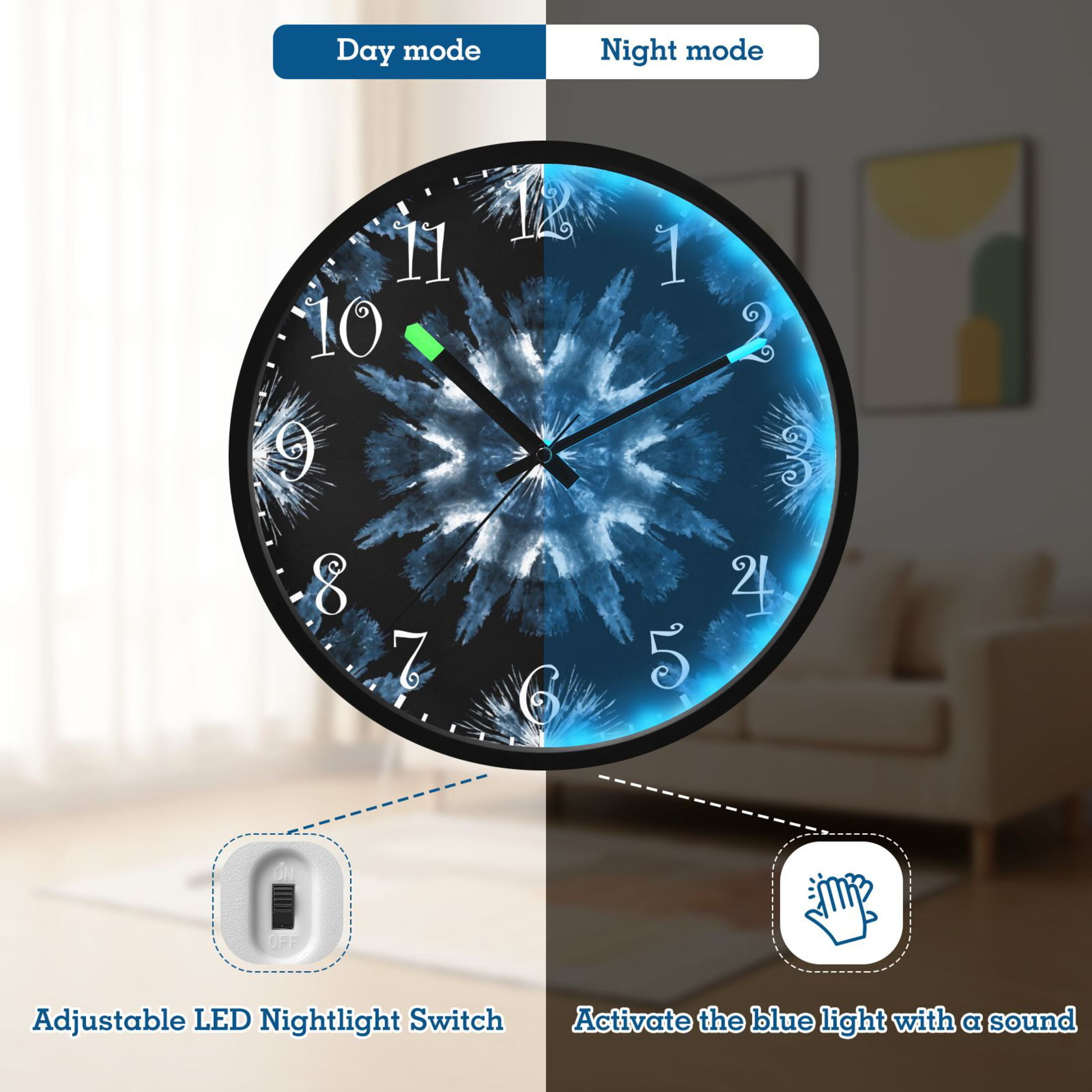 Voice Activated Clock with Glow Light 12 Inch Large Silent Wall Clock Battery Operated for Home Decor Explosion Of Blue Ink