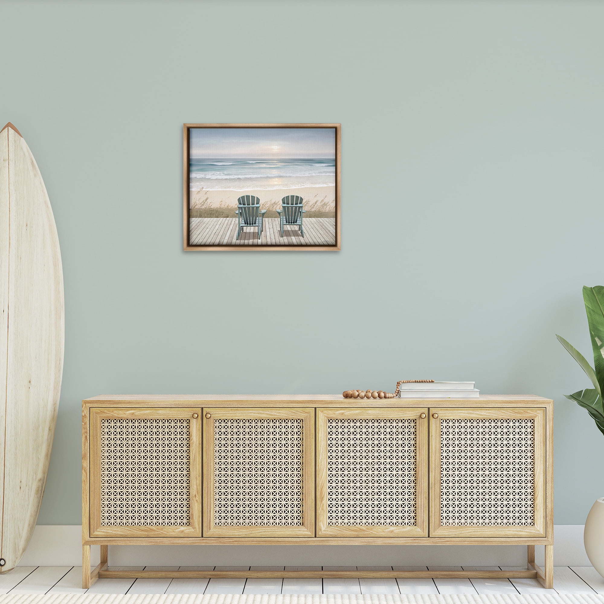 Stupell Industries Chairs with Beach Sunrise Landscape Painting Brown Floater Framed Canvas Art Print Wall Art, 31 x 25
