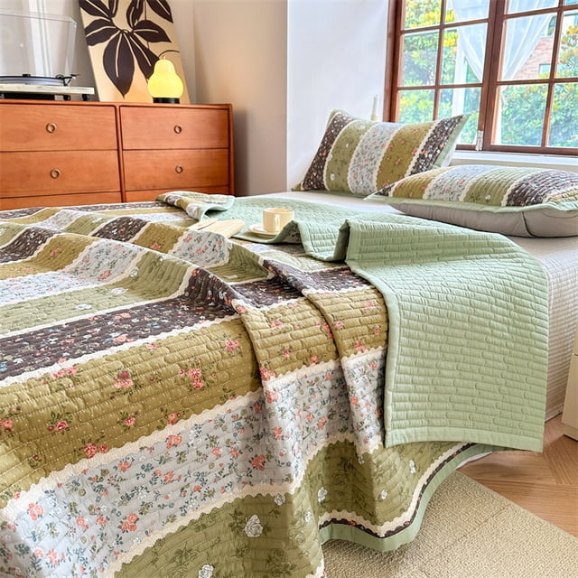 South Korea ins quilted cotton bed cover three-piece cotton floral quilted bed sheet tatami stitching bed for four seasons