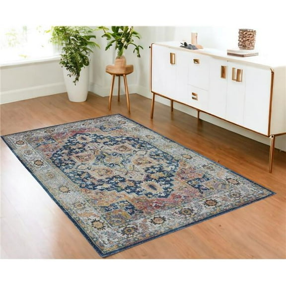HomeRoots 551003 4 x 6 ft. Floral Medallion Distressed Non Skid Rectangle Area Rug, Ivory, Blue & Orange