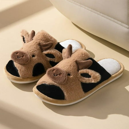

PIKADINGNIS Soft Cute Cow Cotton Slippers Winter Students Home Non-Slip Slippers Winter Warm Couple Cartoon Milk Cow Fluffy Fur Slippers