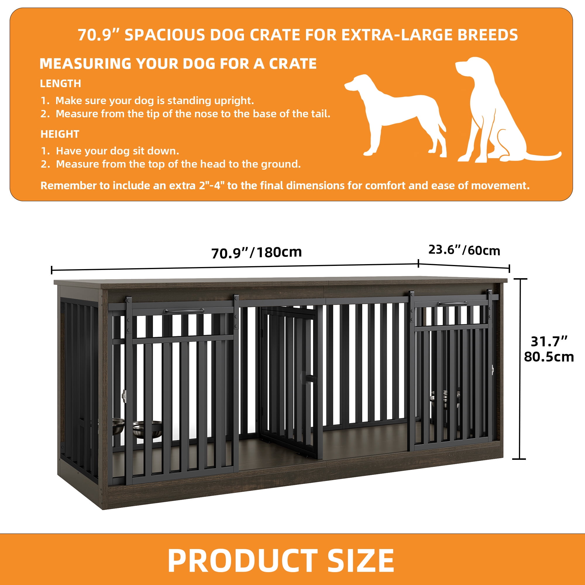 Craftian 71In Farmhouse Dog Crate TV Stand, Wooden Dog Kennel Furniture with 4 Dog Bowls, Large Dog Crate Furniture for 2 Dogs - Black Oak