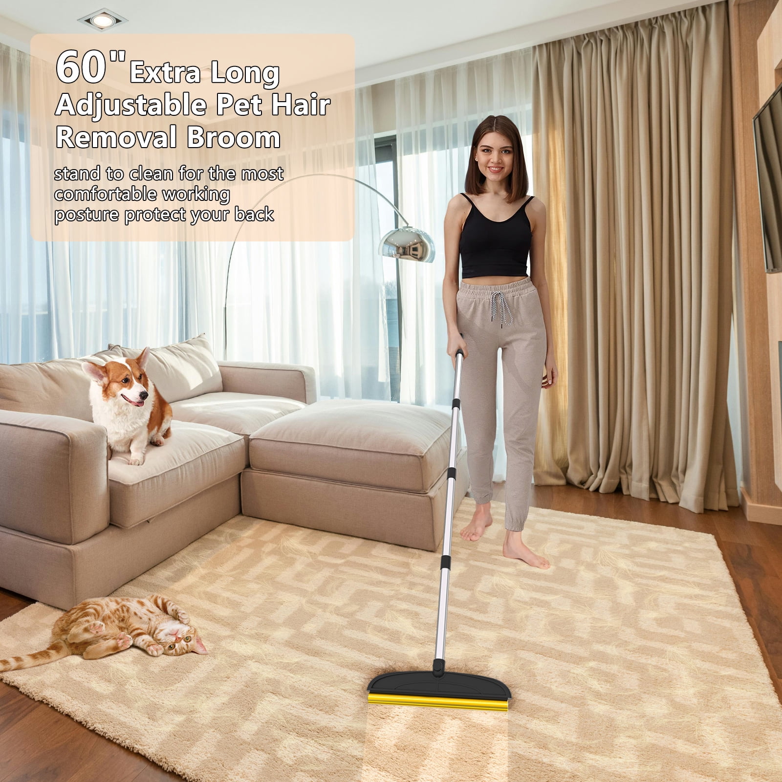 Carpet Rake for Pet Hair Removal: 60" Adjustable Long Handle Pet Hair Removel Tool, 2 in 1 TPU and Copper Pet Hair Remover Broom, Reusable Cat Dog Hair Remover Carpet Scraper