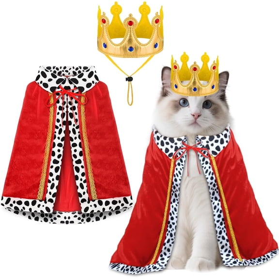 Small Dog & Cat Halloween King Costume Set with Cape & Crown, Red Velvet Royalty Cosplay Outfit for Medium Large Dogs, Adjustable Neck Strap, Funny Prince Costume for Halloween Party