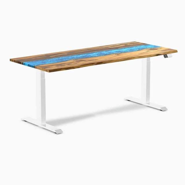 Desky Bureau Assis-Debout en Bois Dur à Résine Double - Rivière Bleue en Teck / 72 x 30 Pouces / Blanc