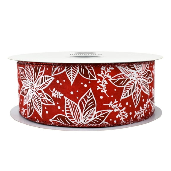 HOMEFORD Christmas Lined Poinsettias Satin Wired Ribbon, 2-1/2-inch, 50-yard, Red