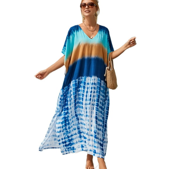 EDOLYNSA Plus Size Kaftan Dress for Women Swim Cover Up Long Casual Summer Outfit Loose Lounge Wear