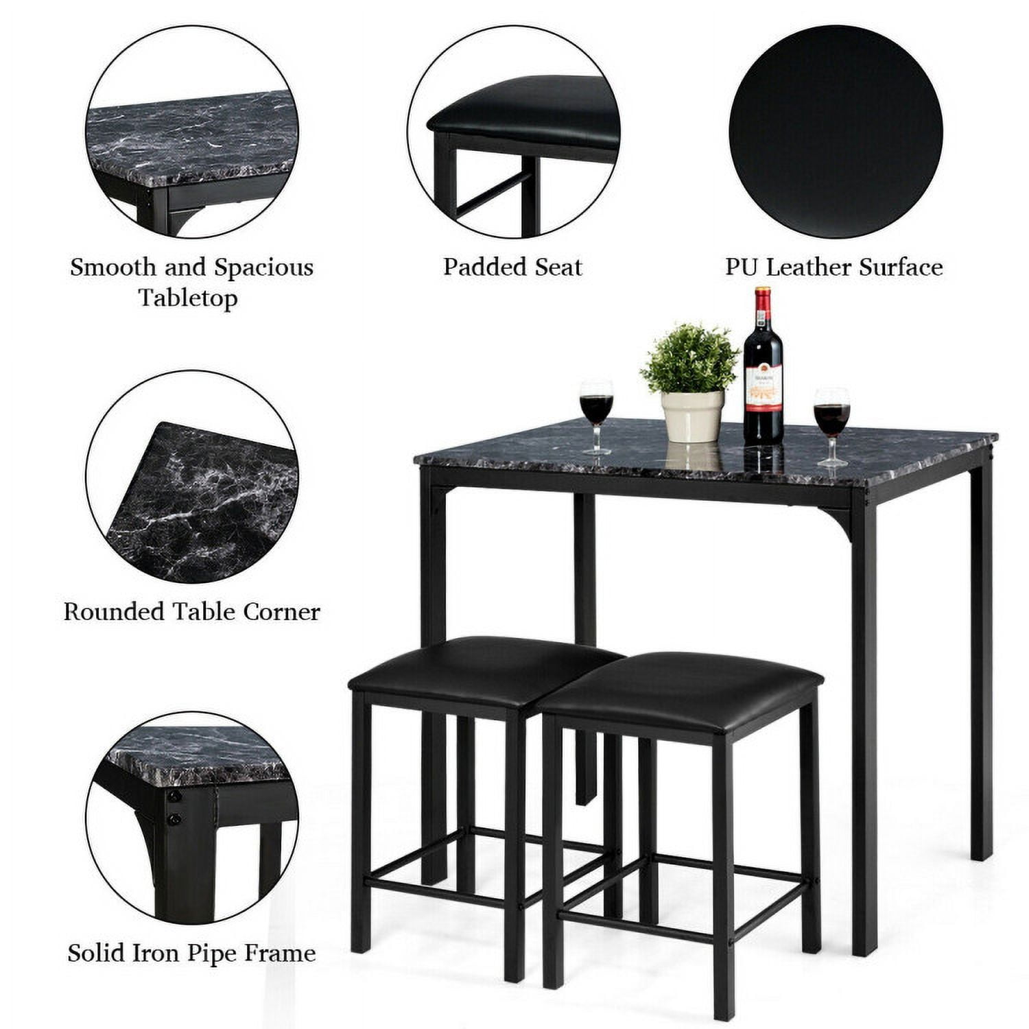 Finihen Dining Set, Dining Table Set, 3 Piece Counter Height Dining Set Faux Marble Table, for Home, Restaurant, Faux Marble, Black Finihen Dining Set, Dining Table Set, 3 Piece Counter Height Dining Set Faux Marble Table, for Home, Restaurant, Faux Marble, Black